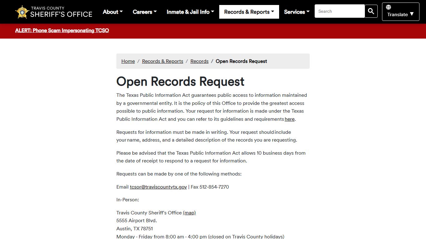 Open Records Request - Sheriff's Office