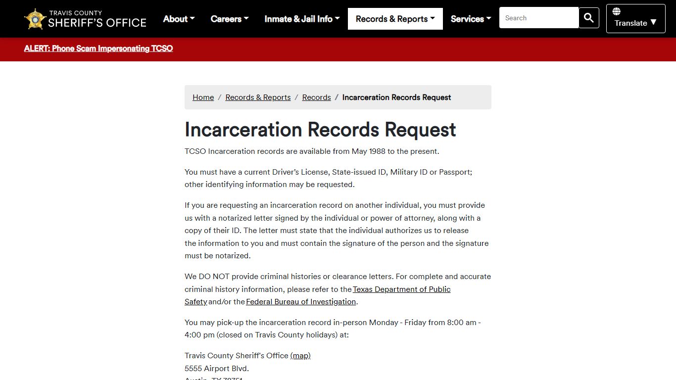 Incarceration Records Request - Sheriff's Office